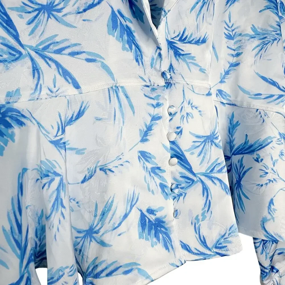 Free People Intimately Beauty Sleep Pajama Top Medium Blue Ivory Floral Button